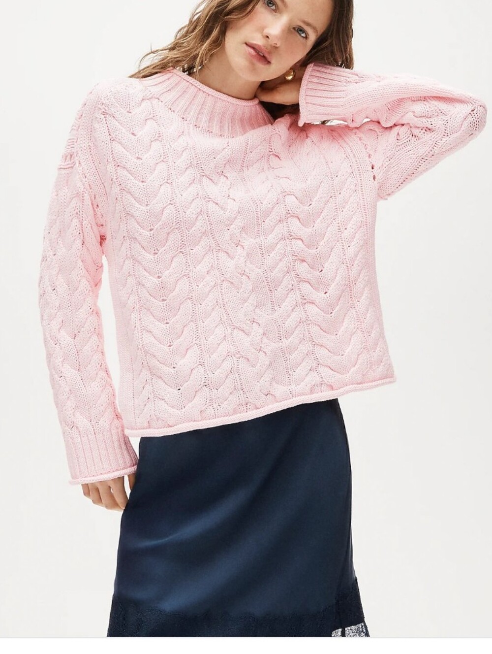 J. Crew Rollneck Pink Cable-Knit Sweater